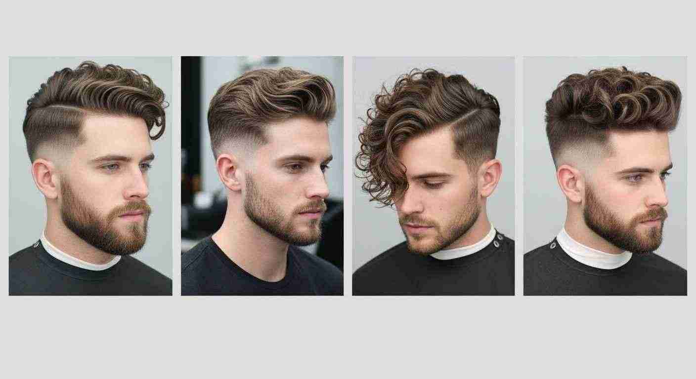 Proven Mens Hairstyles Every Man Should Try Right Now 7 Four images of men showcasing various hairstyles suitable for curly and wavy hair.