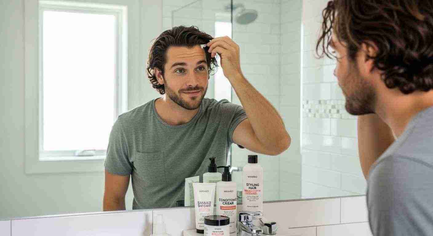 A man examines his wavy hair in the mirror, focusing on his daily hair care routine.
