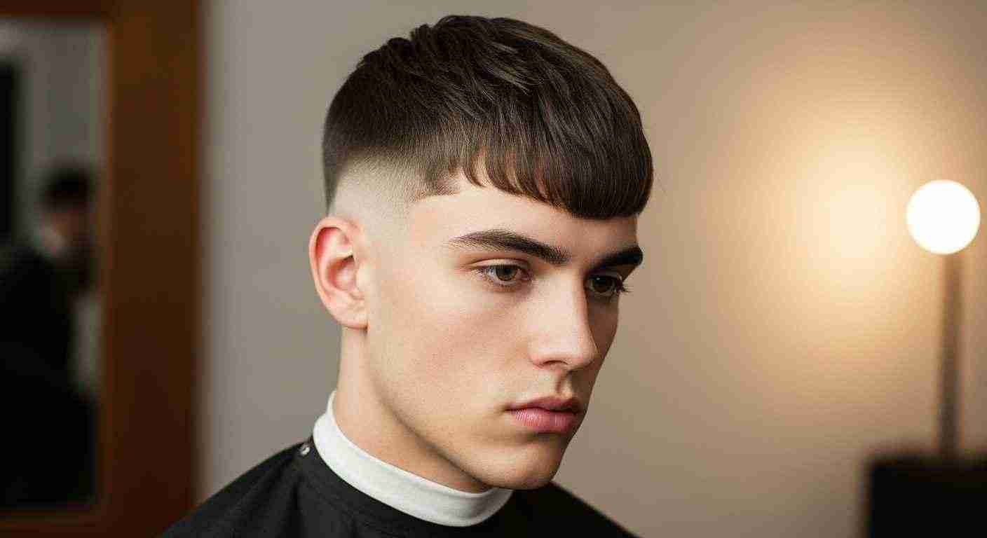 A man with a low taper fringe haircut is looking directly at the camera with a neutral expression. 