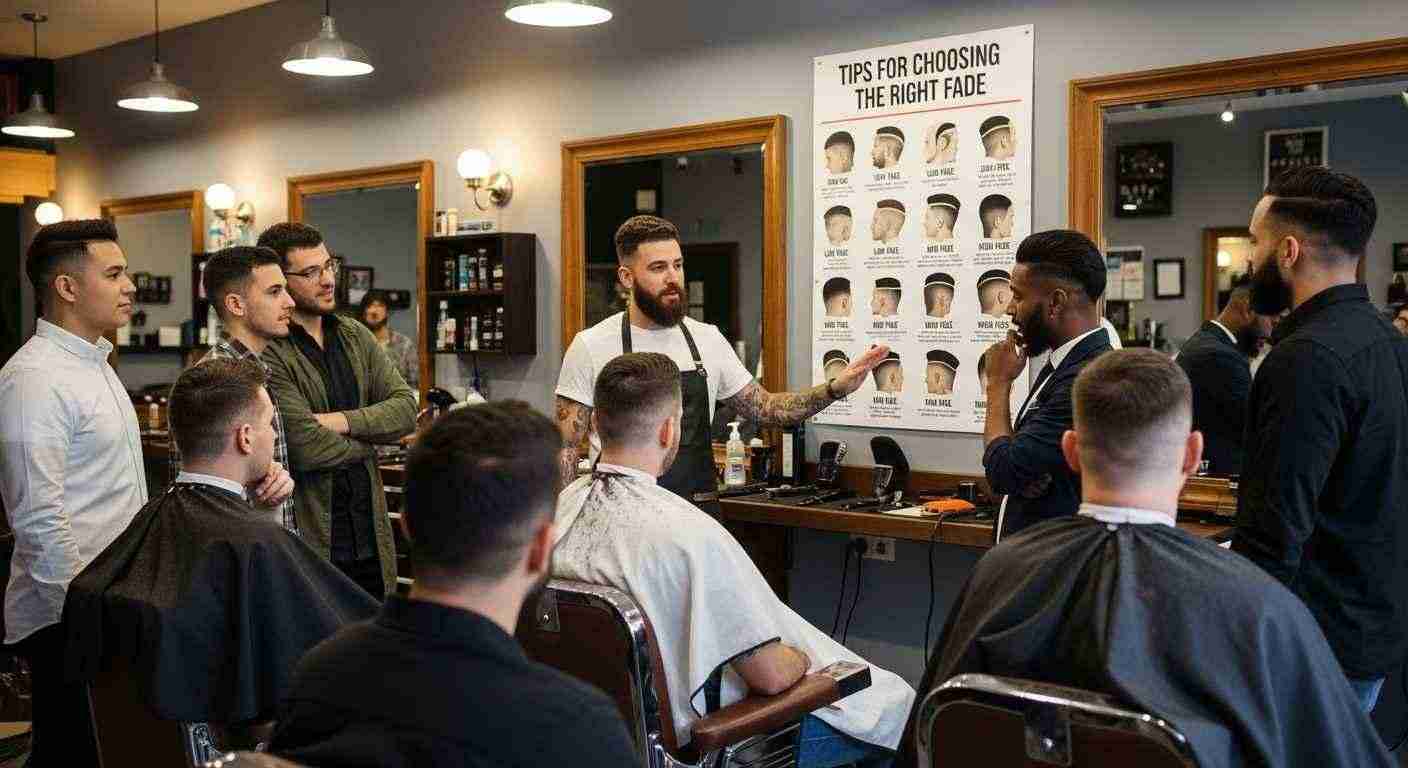 Medium Taper Fade Hacks for a Sharp Clean Look 13 A group of men discussing hairstyles in a barber shop, with a focus on tips for choosing the right fade.
