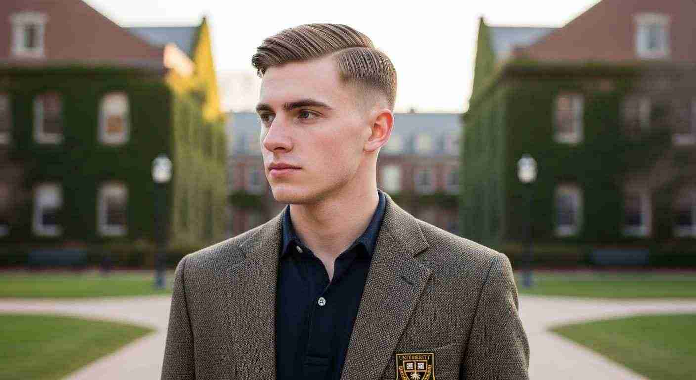  A young man in a suit and tie with an Ivy League hairstyle stands confidently in front of a building. 