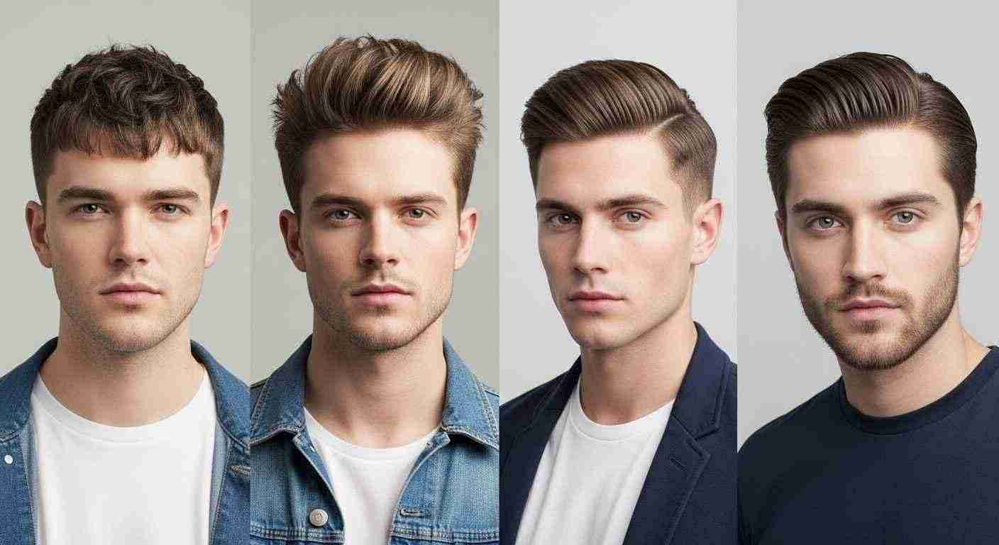 Medium Taper Fade Hacks for a Sharp Clean Look 15 Four men showcasing various medium taper fade hairstyles, each with distinct hair textures and styles.