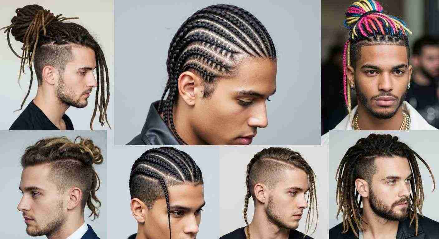  A collage showcasing various men's hairstyles, including braids, dreadlocks, and alternative styles.
