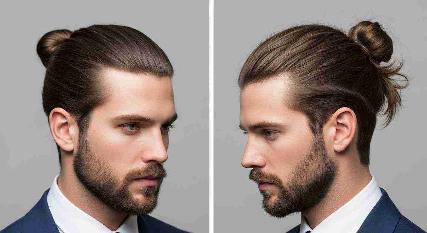 Two images showcasing a man with a bun hairstyle, illustrating variations of a man bun and a top knot.