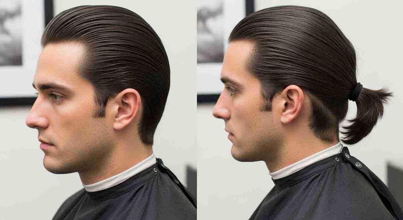 Two images of a man with a ponytail, showcasing easy hairstyles for work: slicked back and ponytail styles.