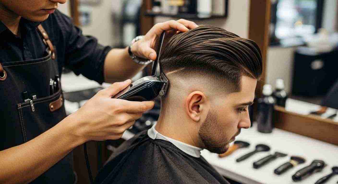 Undercut Fade Haircuts That Instantly Upgrade Your Style 19 A man receives an undercut fade haircut from a barber in a well-lit barbershop.