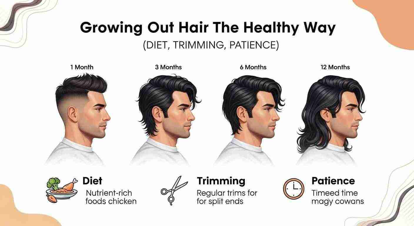  Illustration showing stages of hair growth, emphasizing healthy hair care through diet, trimming, and patience.