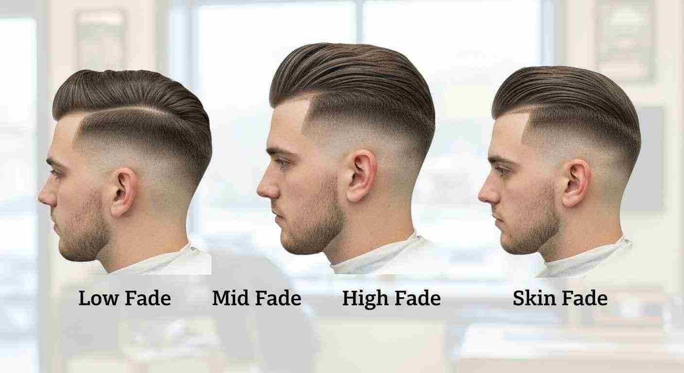 Short Haircuts for Men Barber Approved Styles You Must Try 5 Various men's hair styles showcasing fade and taper variations: low, mid, high, and skin fade.