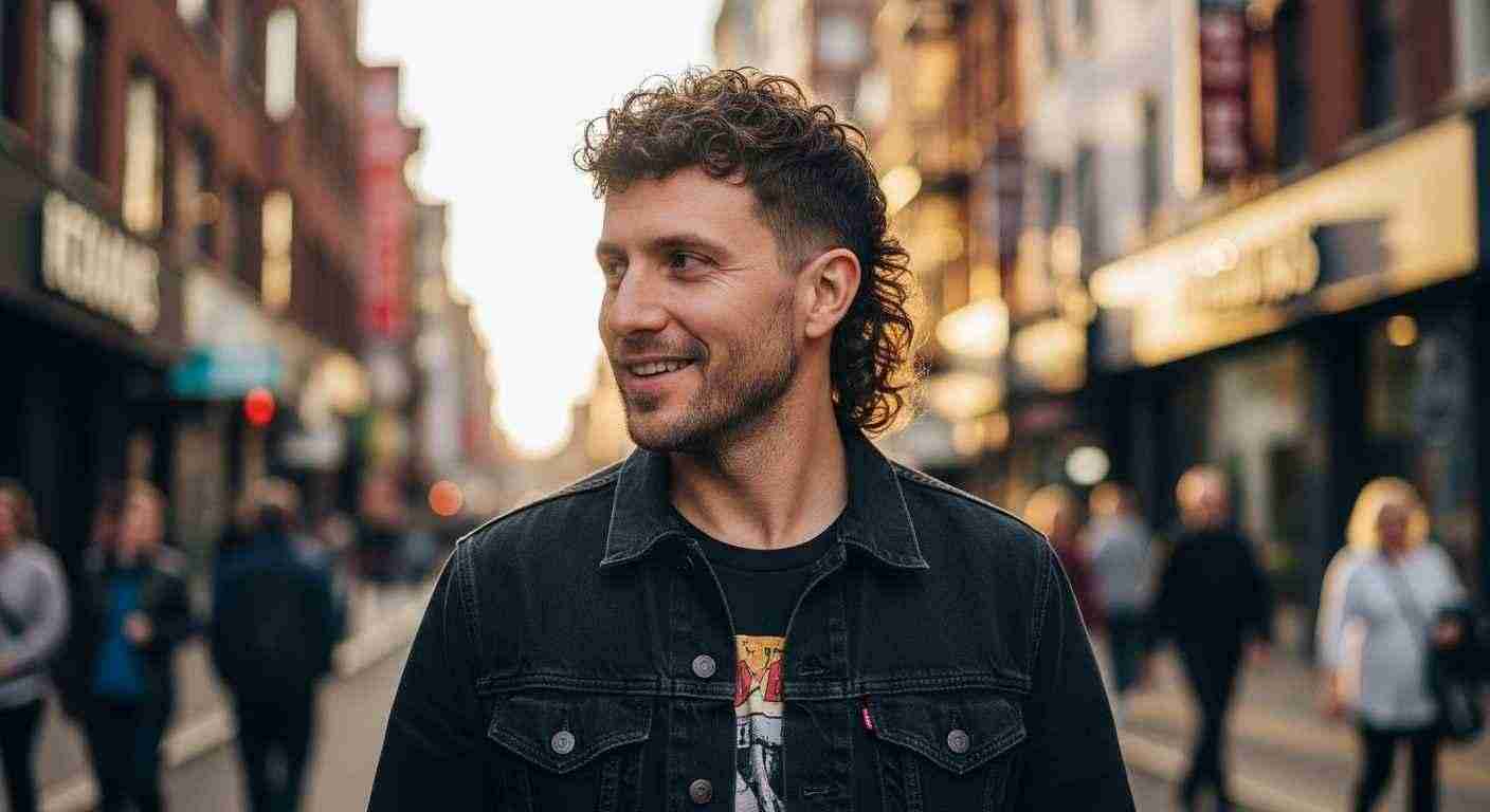 Curly Mullet: 5 Styles That Work: and 3 Cuts That Kill Your Natural Texture 19 A man with curly hair stands confidently on a bustling city street, embodying the blend of style and everyday life.