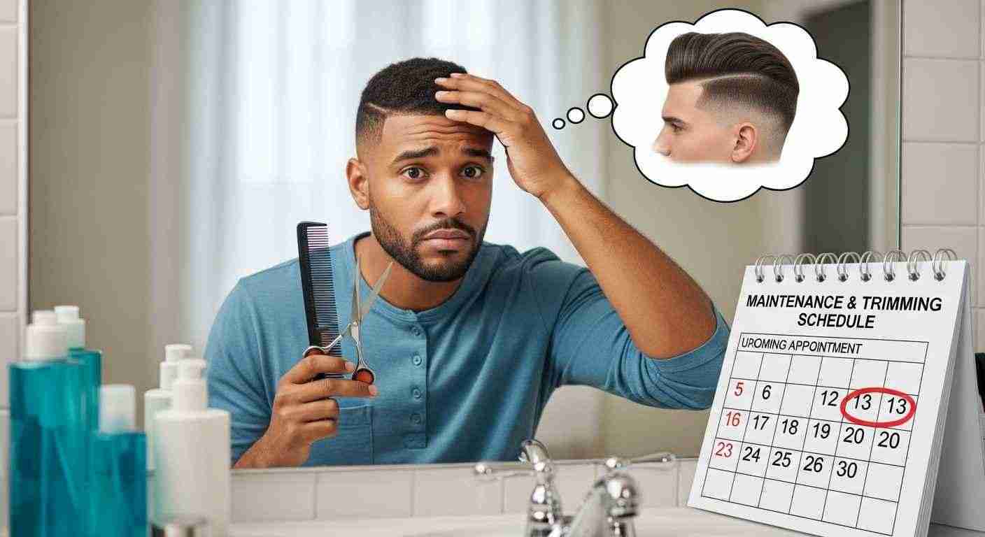 Short Haircuts for Men Barber Approved Styles You Must Try 19 A man examines his calendar marked with a thought bubble, indicating a Maintenance & Trimming Schedule.