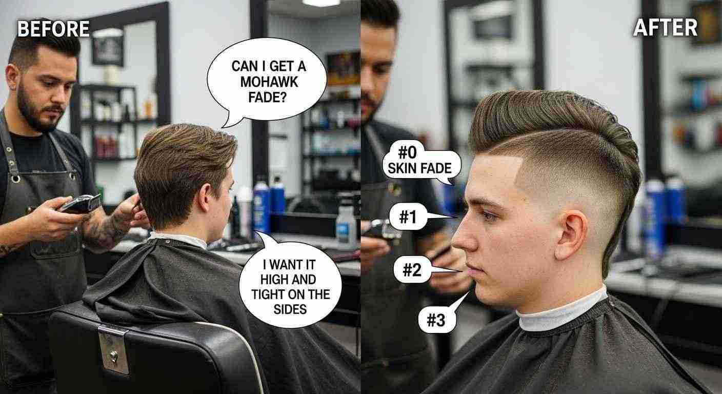 A man receives a haircut in a barber shop, surrounded by barber tools and a mirror reflecting the scene.