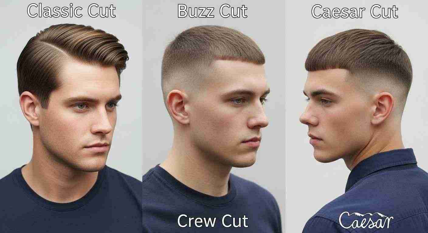 Short Haircuts for Men Barber Approved Styles You Must Try 1 Image showcasing various men's haircuts: Classic Cut, Buzz Cut, Crew Cut, and Caesar styles.