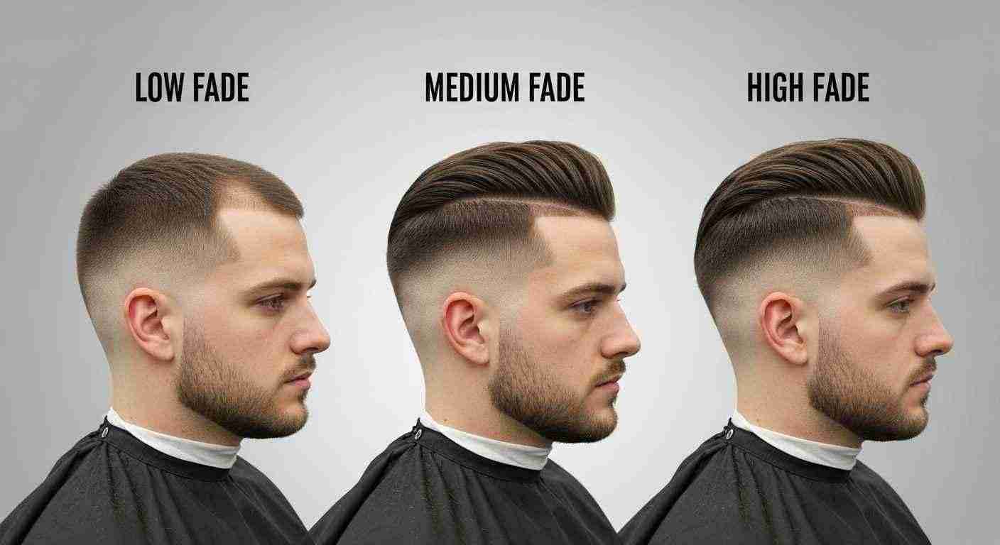 Medium Taper Fade Hacks for a Sharp Clean Look 7 Various men's haircuts showcasing medium, low, and high fades with distinct styles and lengths.