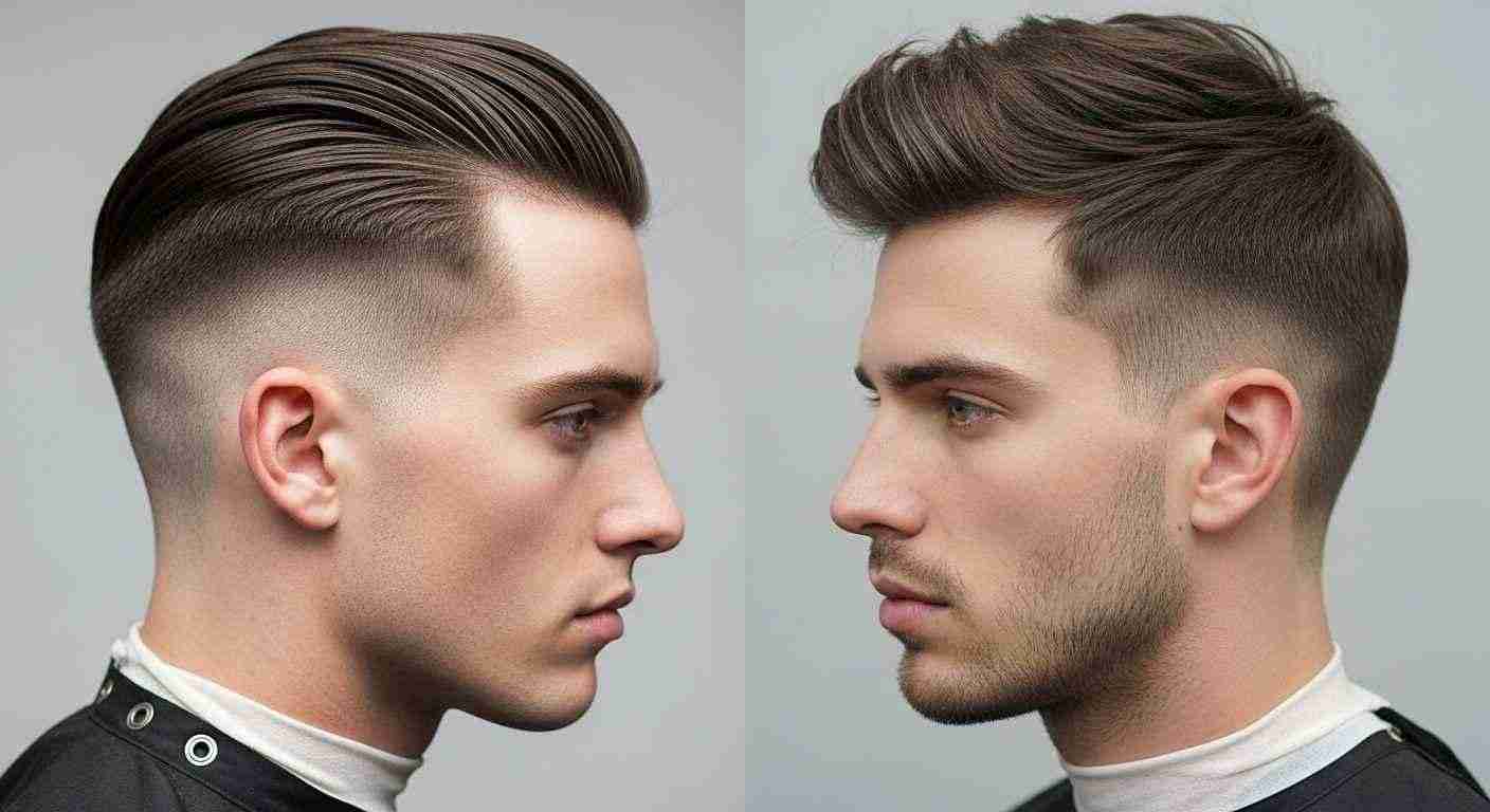 Two men showcase different hairstyles: one with a fade and the other with an undercut and long top combo.