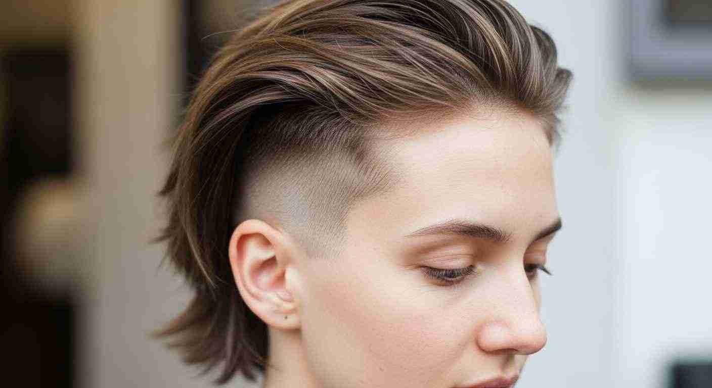 Undercut Fade Haircuts That Instantly Upgrade Your Style 21 A woman with a shaved undercut fade sits in a salon, showcasing her stylish hair transformation.