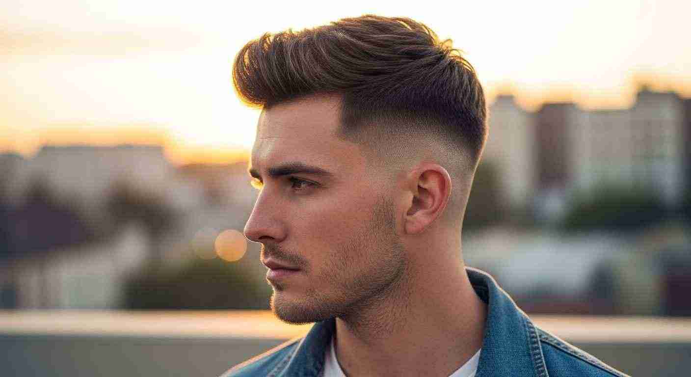 A man with a textured buzz cut wearing a blue denim jacket, standing confidently against a neutral background.