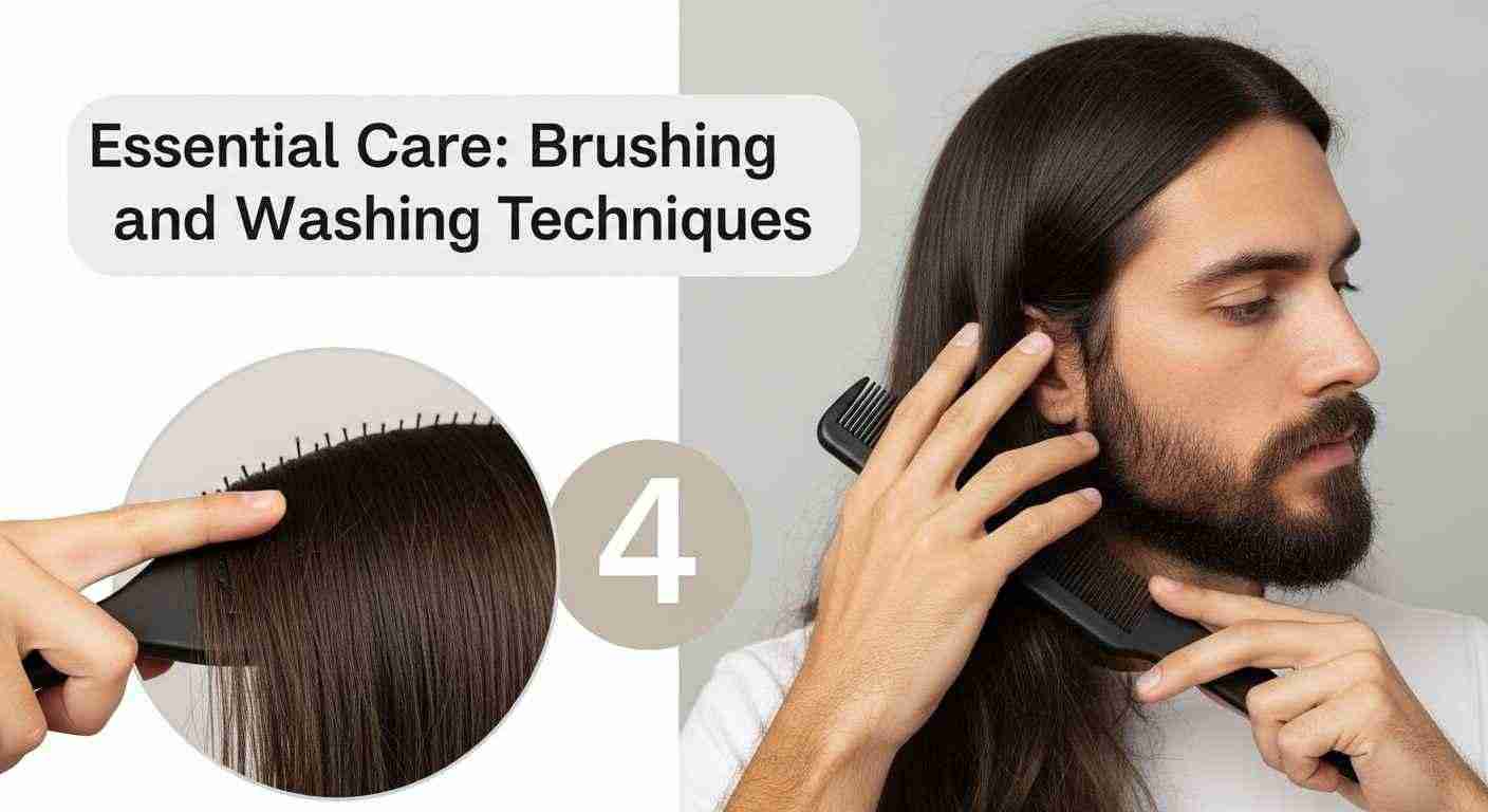 A man brushes his long hair with a hairbrush, focusing on grooming and maintaining healthy locks.