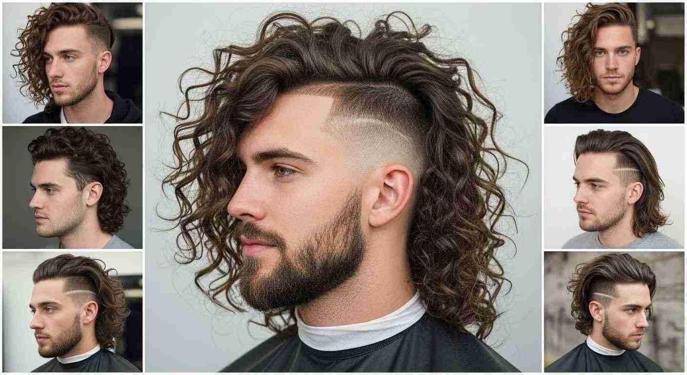 A collage showcasing various men's long curly hairstyles, featuring fades and natural flow options.
