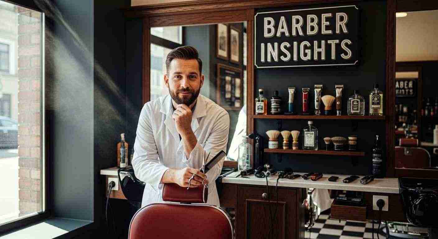 A man sits in a barber chair, with a barber's mirror reflecting his image behind him, showcasing the salon environment.