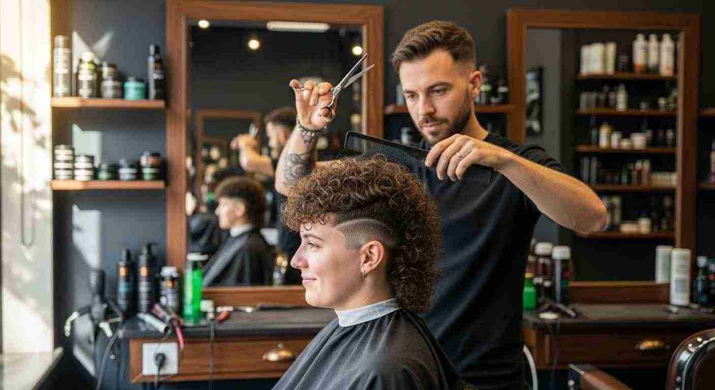 Curly Mullet: 5 Styles That Work: and 3 Cuts That Kill Your Natural Texture 5 A barber skillfully cuts a men's hair in a vibrant barbershop, showcasing creativity and style.