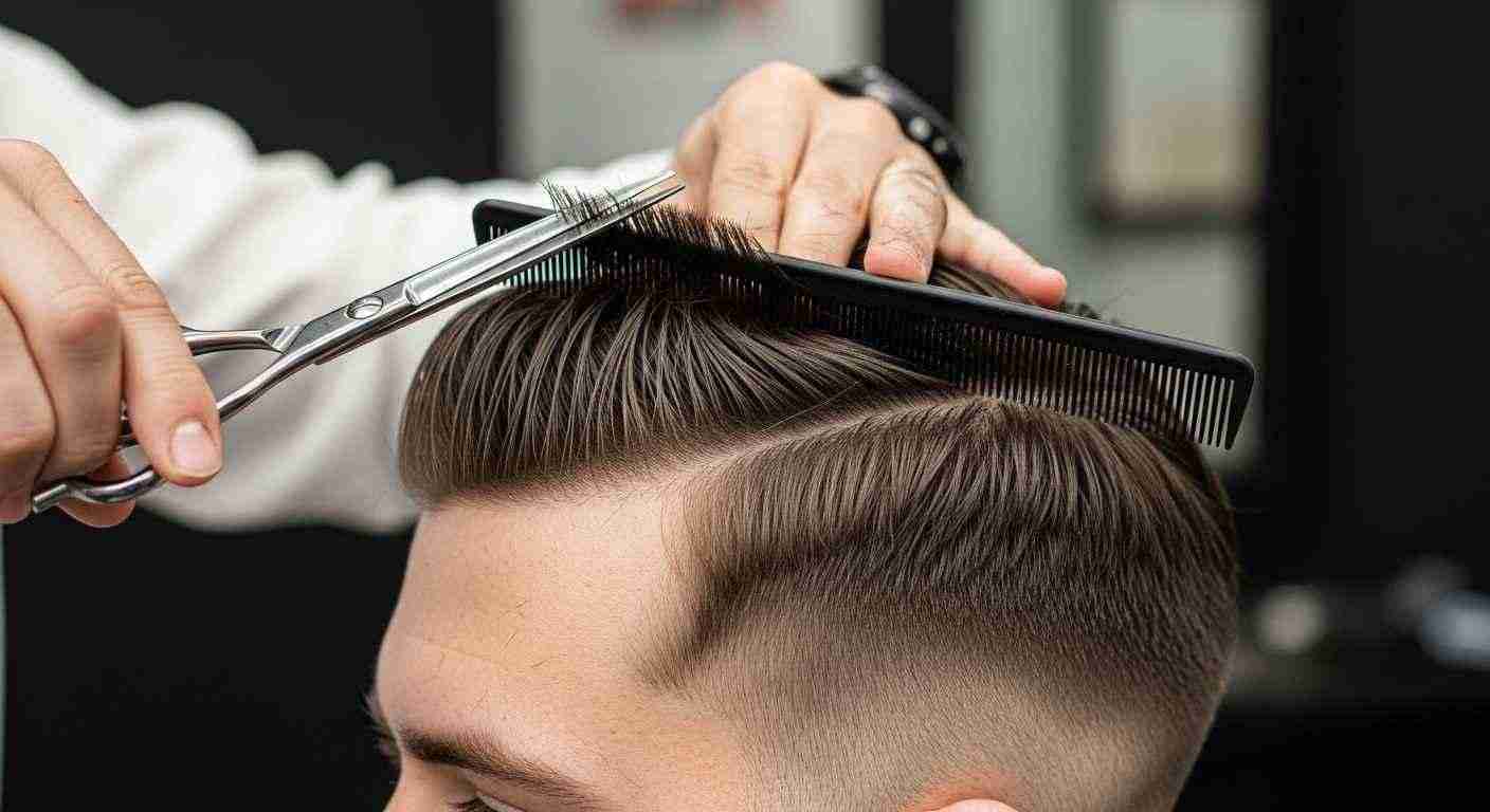 Medium Taper Fade Hacks for a Sharp Clean Look 27 A man is cutting another man's hair with scissors as part of a step-by-step haircut process.