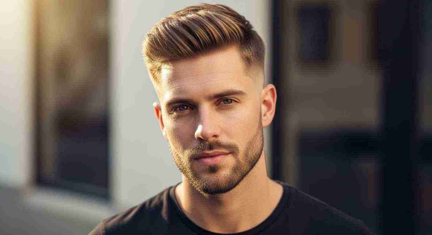 A man with a short haircut and beard featuring a low shadow fade hairstyle.