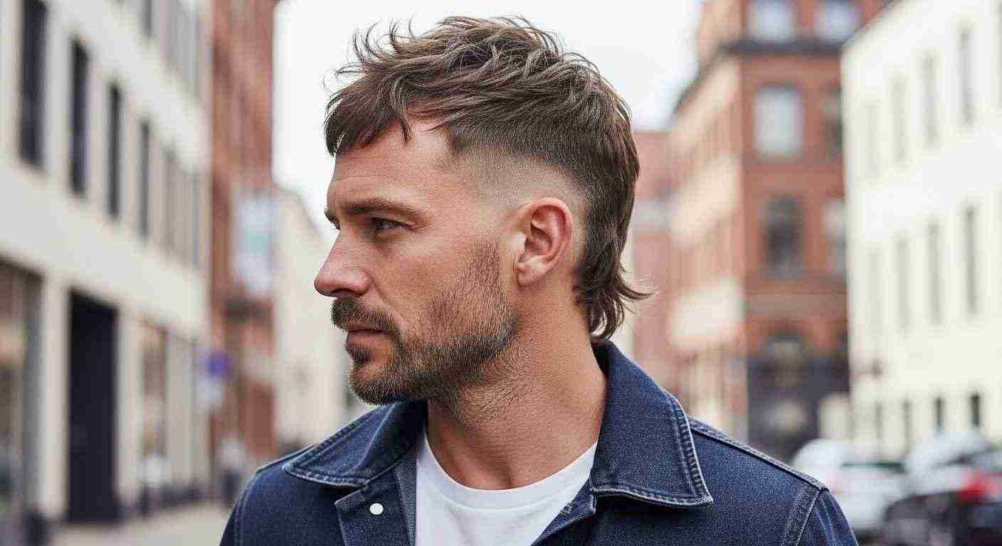 A man with a beard and a modern mullet hairstyle featuring a mohawk cut.