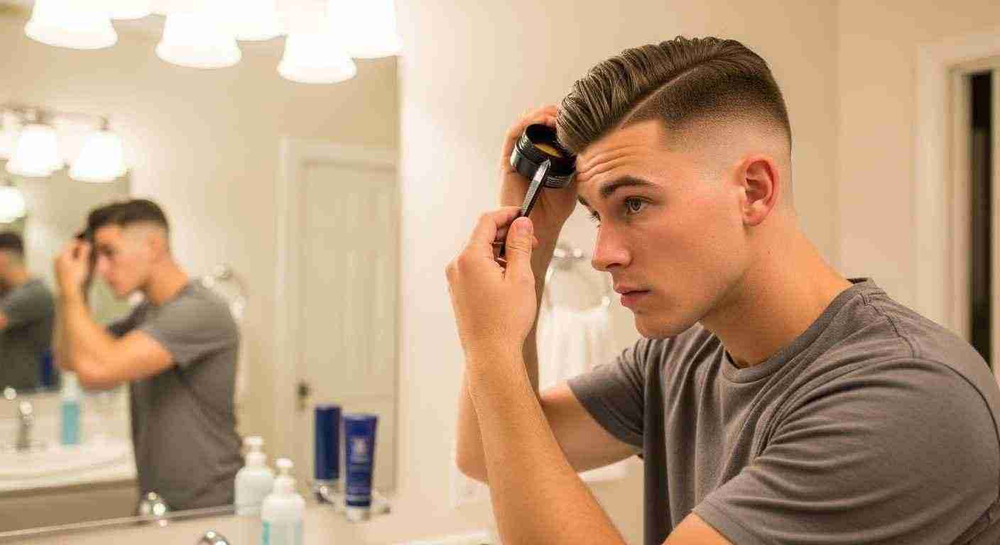 A man styles his hair in front of a mirror as part of his daily grooming routine.