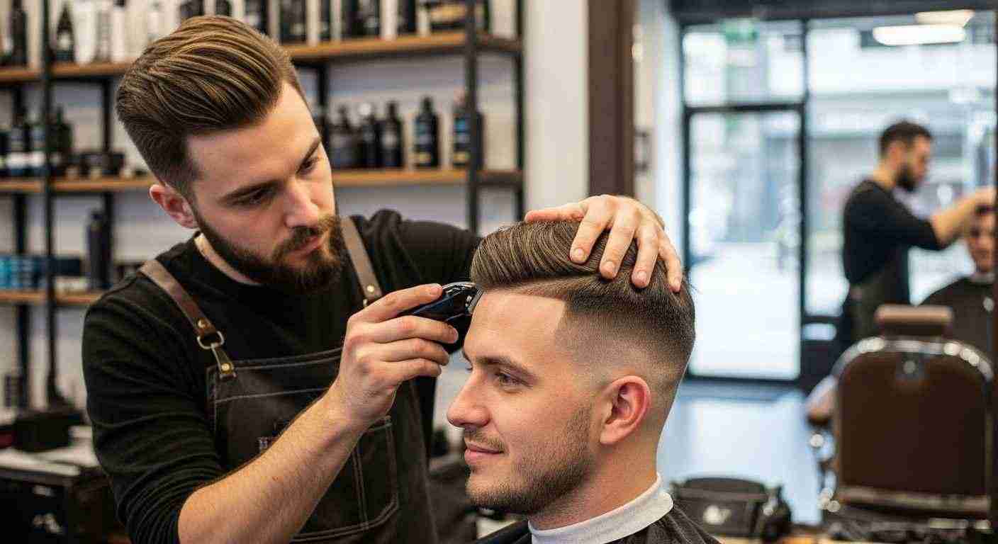 A man receives a haircut from another man, focusing on detailing and finishing touches for a polished look.
