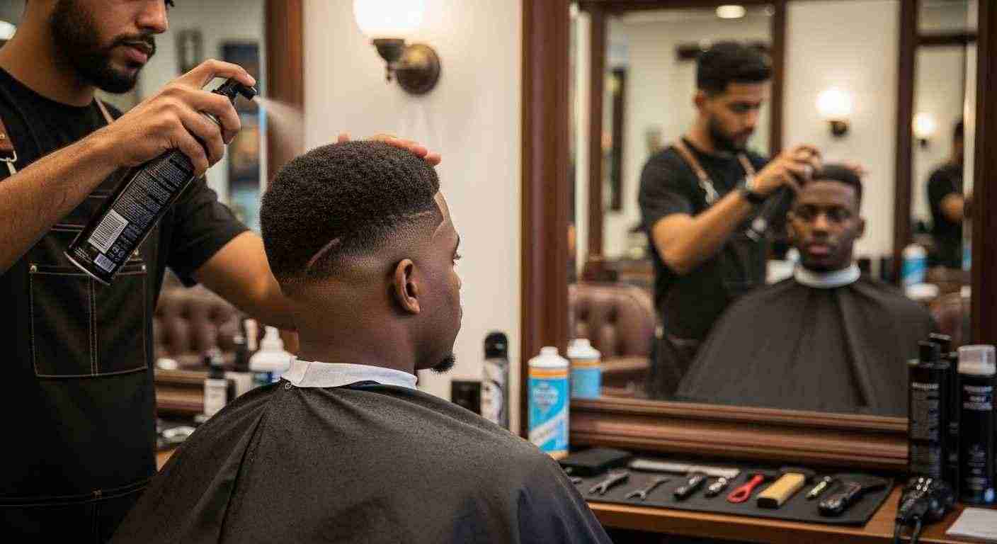 A man receives a haircut from another man, focusing on maintaining a clean fade style.