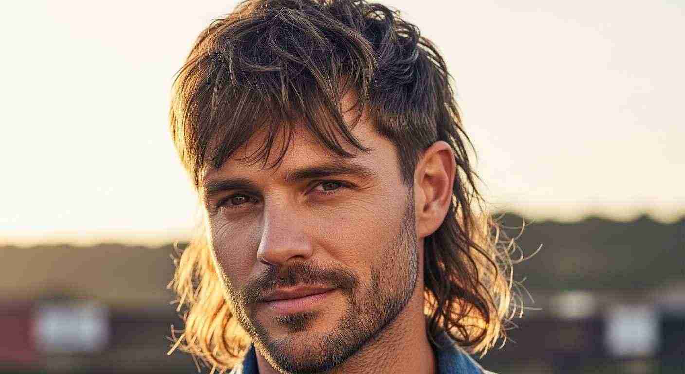 A man with a shaggy mullet hairstyle, featuring long hair and a beard, stands against a neutral background.