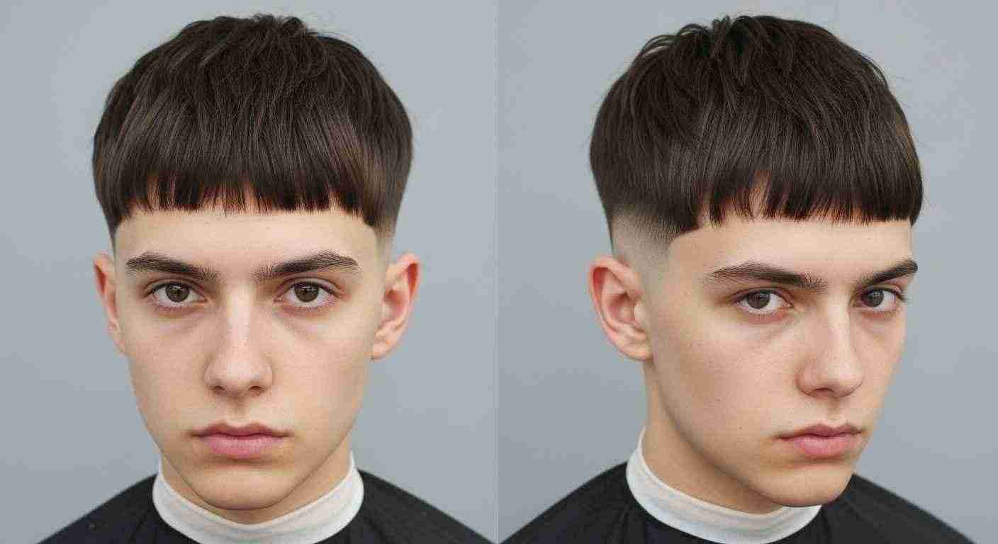 Two images of a young man showcasing a low taper fringe hairstyle with a short haircut.
