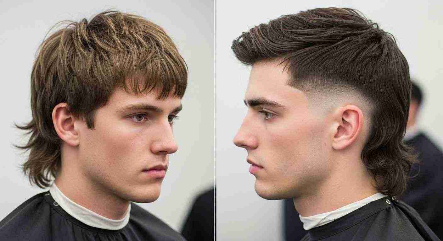 Mens Mullet Hairstyles That Never Go Out of Fashion 3 Two men with contrasting hairstyles, one sporting a classic mullet and the other a modern mullet, stand in the same room.