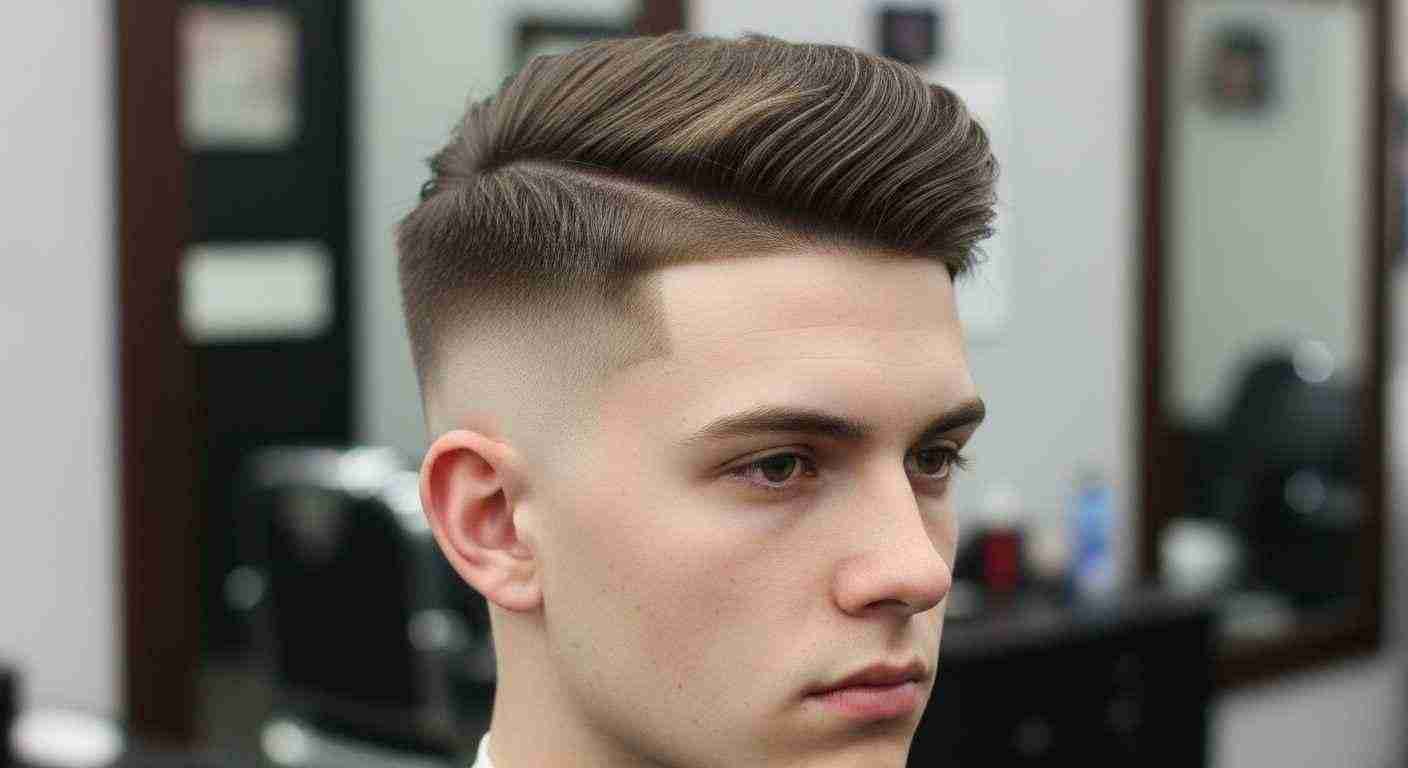 A young man with a shaved haircut sits in a barber shop, preparing for a fresh haircut with the phrase "Start with a Clean Base."