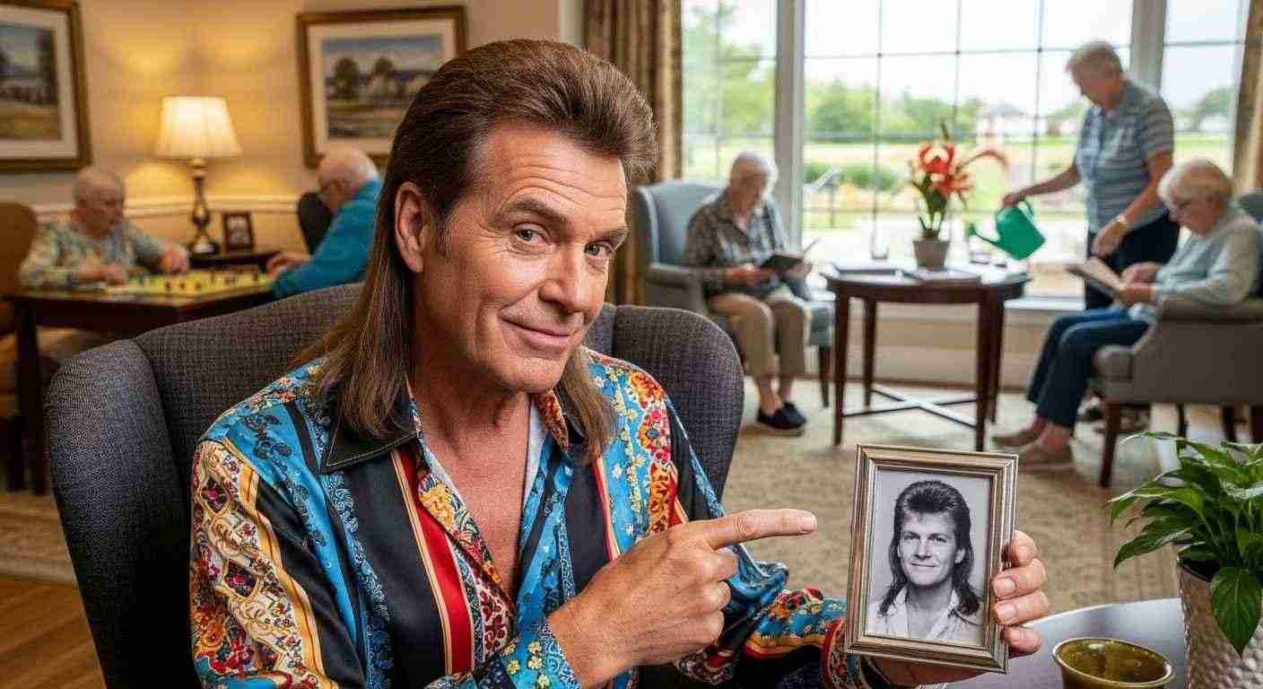 Mens Mullet Hairstyles That Never Go Out of Fashion 21 A man with long hair holds a photo of himself, symbolizing self-reflection and confidence in long-term care.