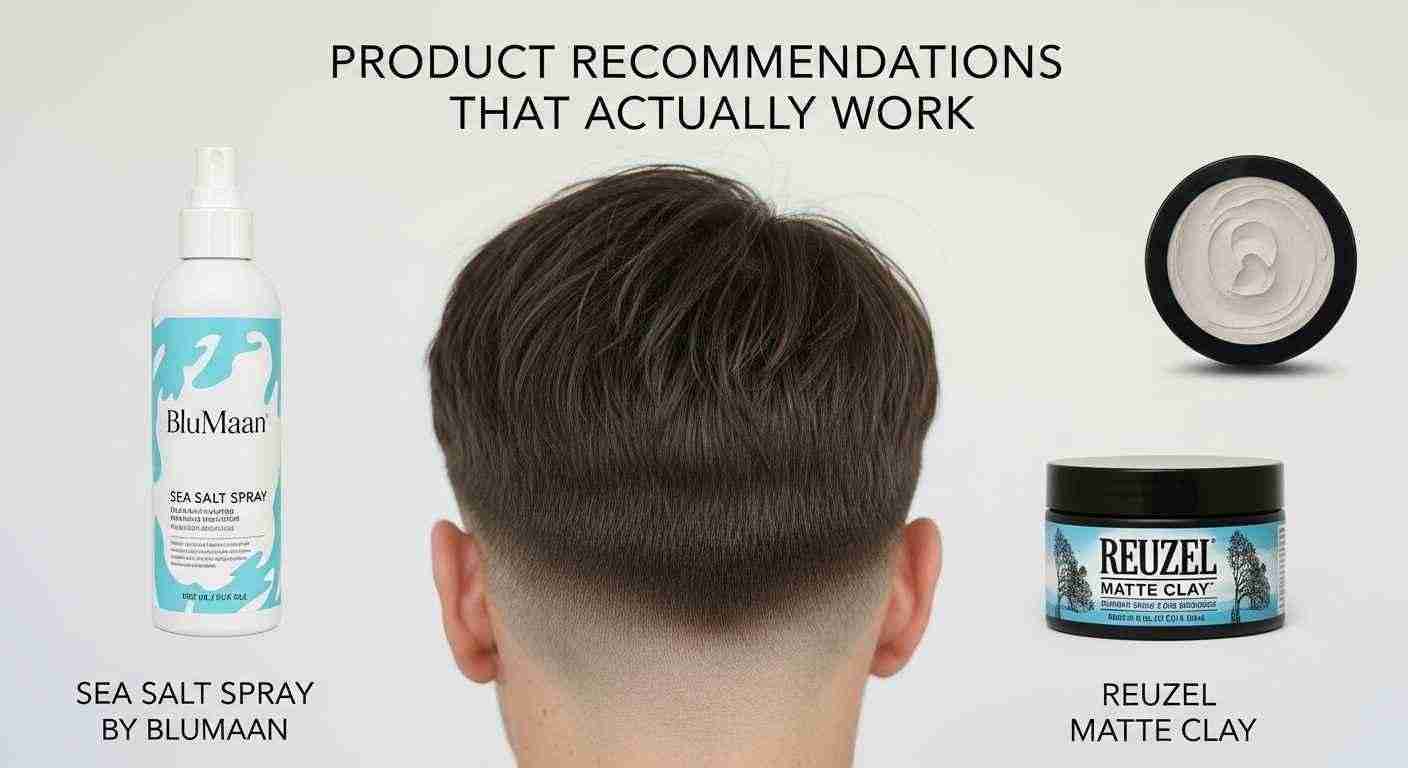 A man with a fresh haircut next to the text "Product Recommendations" featuring Reuzel Matte Clay for low taper fringe.