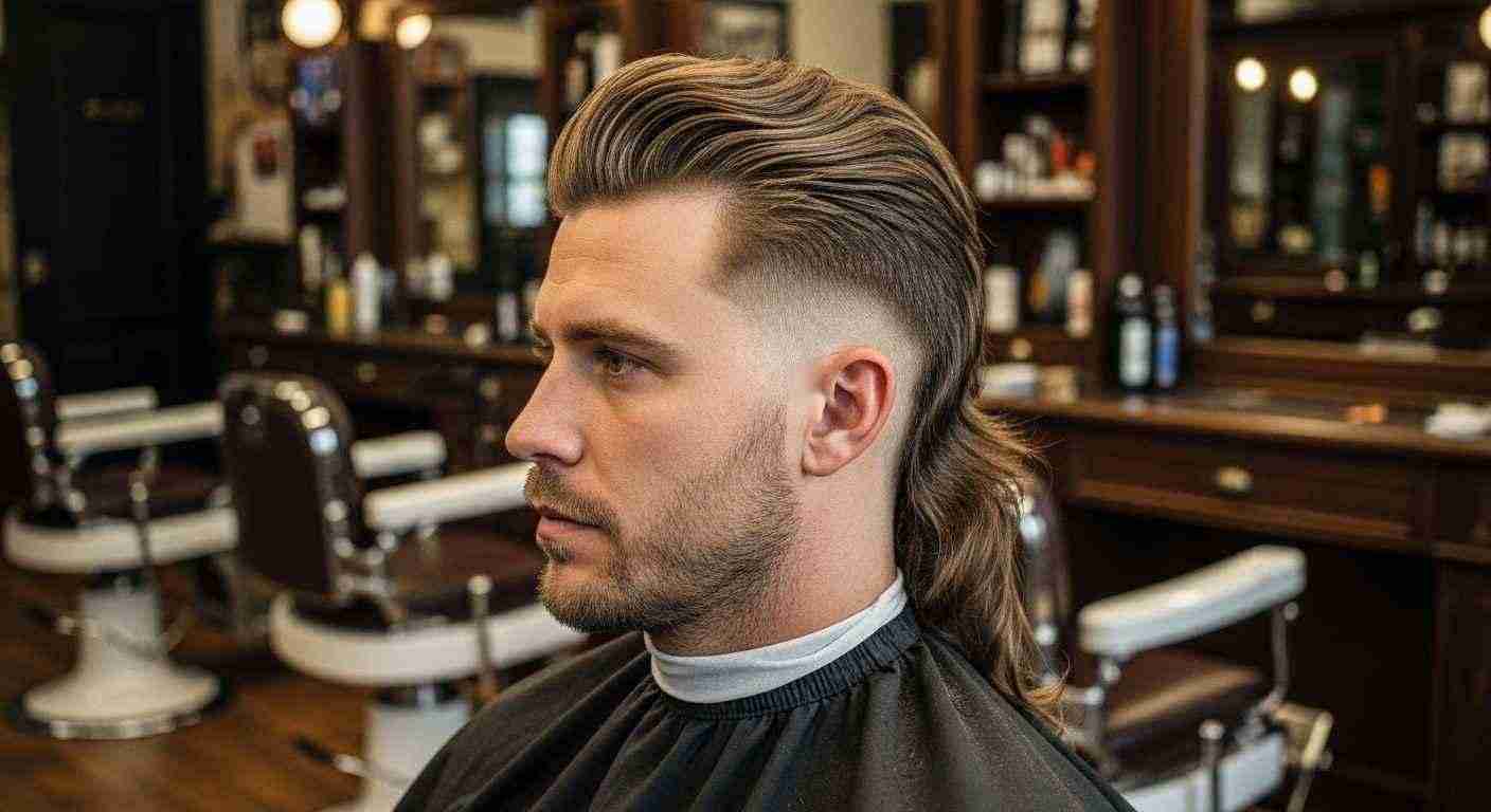 A man with a classic mullet hairstyle and a long ponytail stands in a barber shop, surrounded by grooming tools.