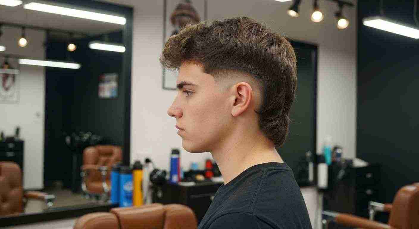 Mens Mullet Hairstyles That Never Go Out of Fashion 7 A man in a barber shop showing off his burst fade mullet haircut while seated in a barber chair.