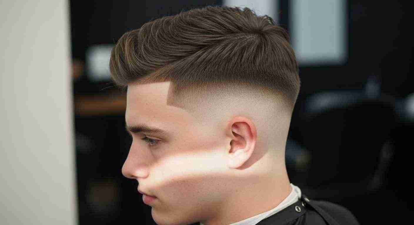 A young man with a shaved haircut sits in a barber shop, focusing on blending and guard work during his haircut.