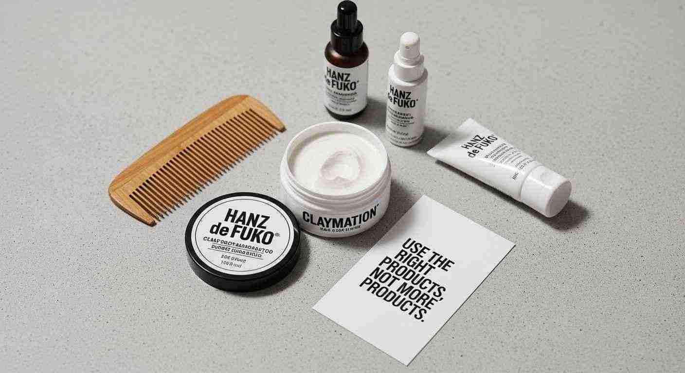 Low Maintenance Haircuts for Men Who Hate Styling 11 Hair care kit contents displayed on a table, emphasizing the message: Use the Right Products, Not More Products.