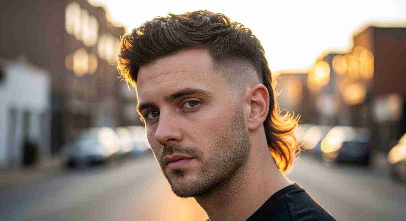 Mens Mullet Hairstyles That Never Go Out of Fashion 11 A man with a skin fade mullet hairstyle stands on the street, showcasing his unique long hair style.