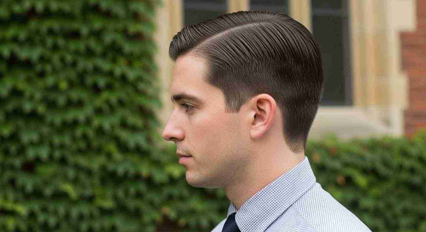 Low Maintenance Haircuts for Men Who Hate Styling 1 A man in a tie and shirt gazes away from the camera, showcasing a classic Ivy League hairstyle.