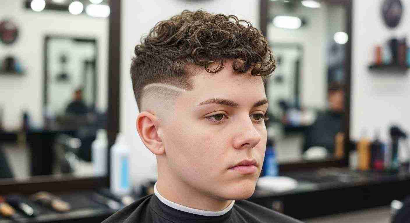 Low Maintenance Haircuts for Men Who Hate Styling 5 A young man with curly hair sits in a barber shop, preparing for a crew cut hairstyle.