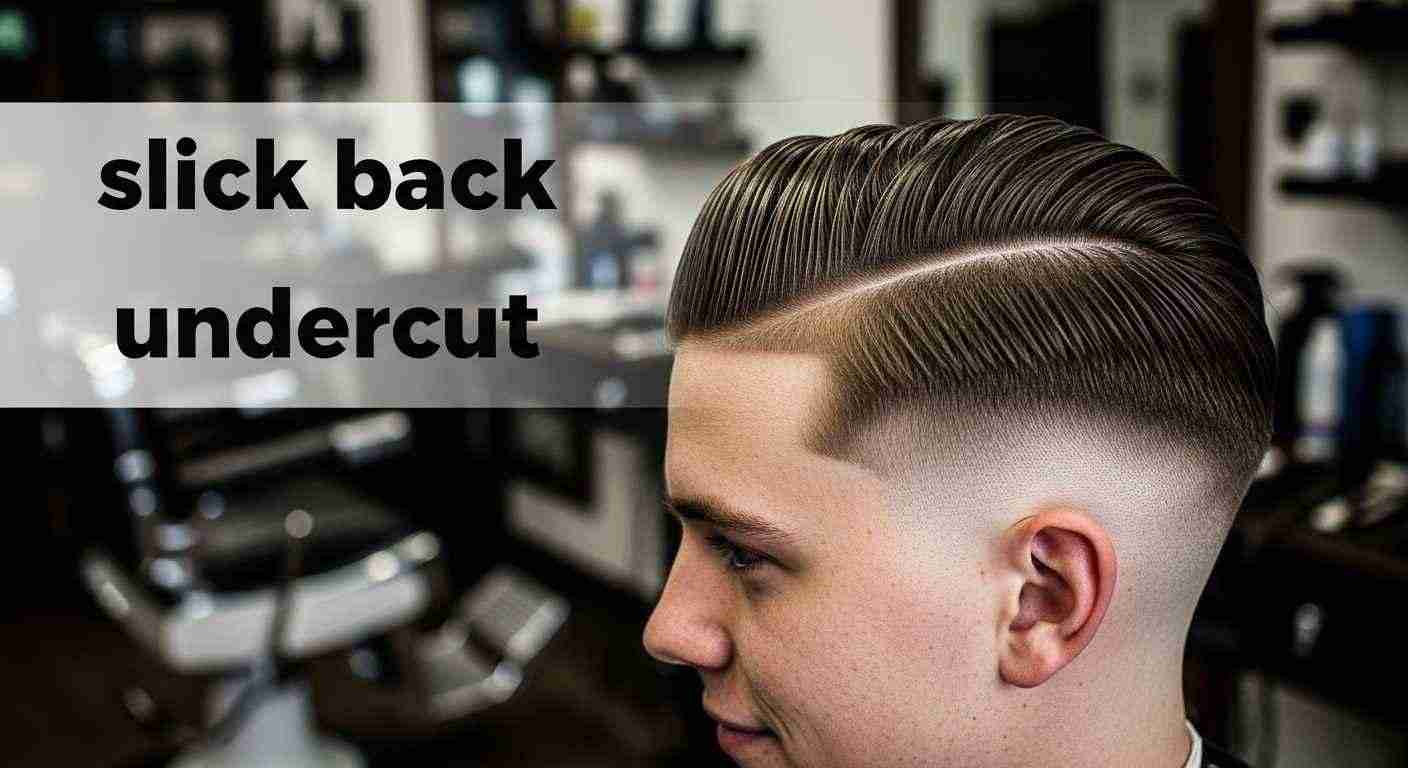 A man sporting a fade haircut, featuring a slick back undercut, accompanied by the text "slick back undercut."