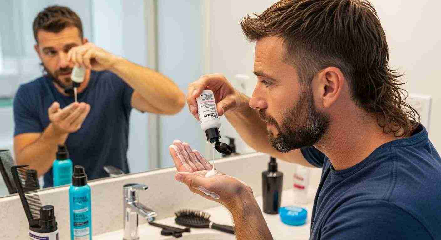 Mens Mullet Hairstyles That Never Go Out of Fashion 17 A man shaves his beard in front of a mirror, emphasizing daily care and maintenance of his grooming routine.