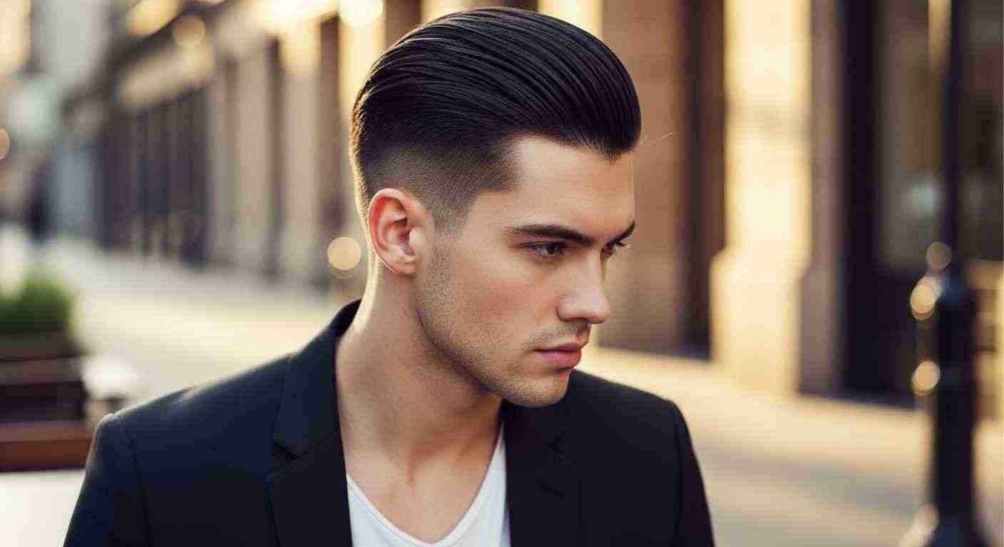 A man in a black suit and white shirt, featuring a slicked-back undercut hairstyle, stands confidently.