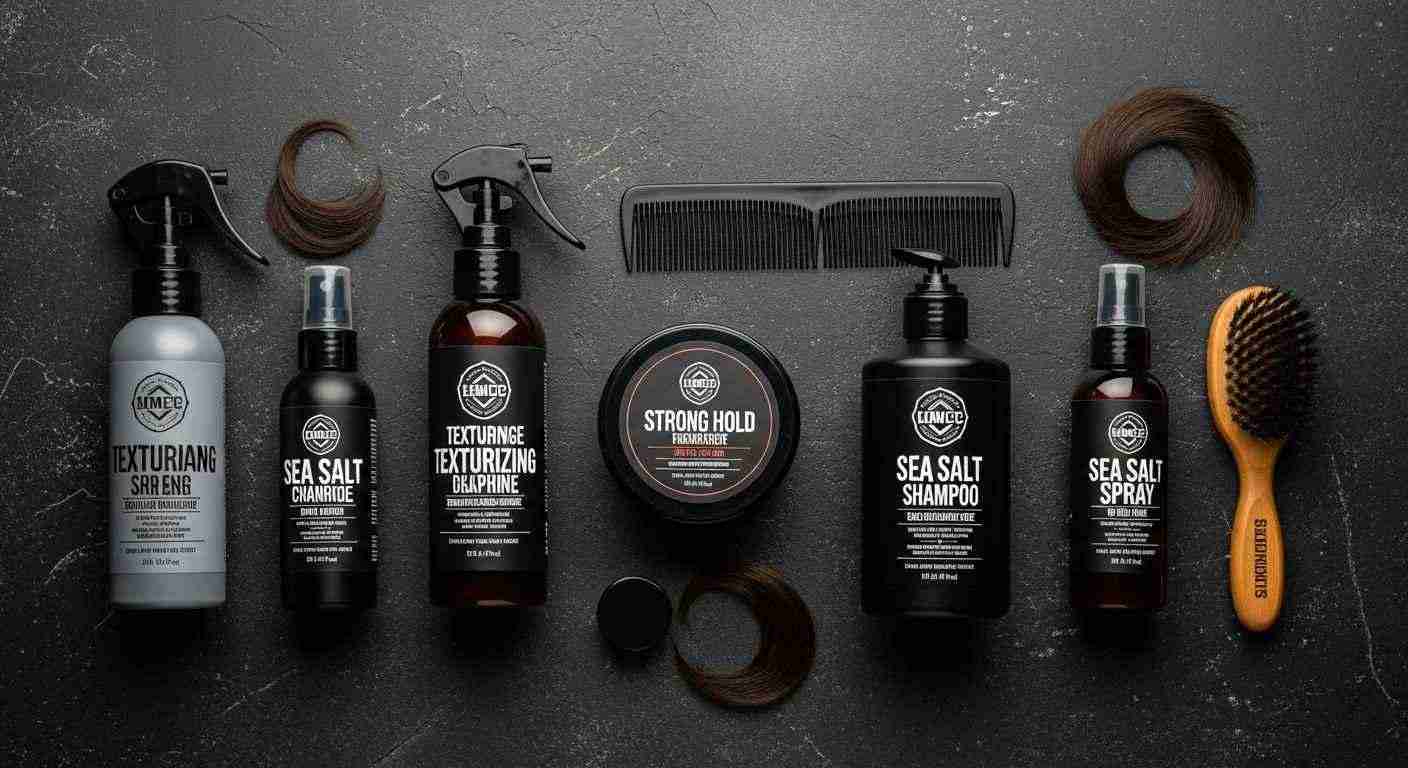 Mens Mullet Hairstyles That Never Go Out of Fashion 15 A variety of hair care products displayed on a black background, labeled as essential for styling.