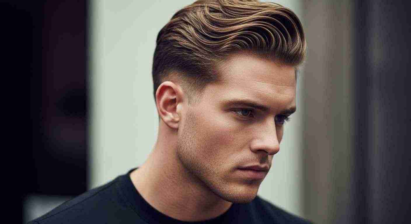 A man with a slicked-back undercut hairstyle, featuring short hair on the sides and wavy hair on top.