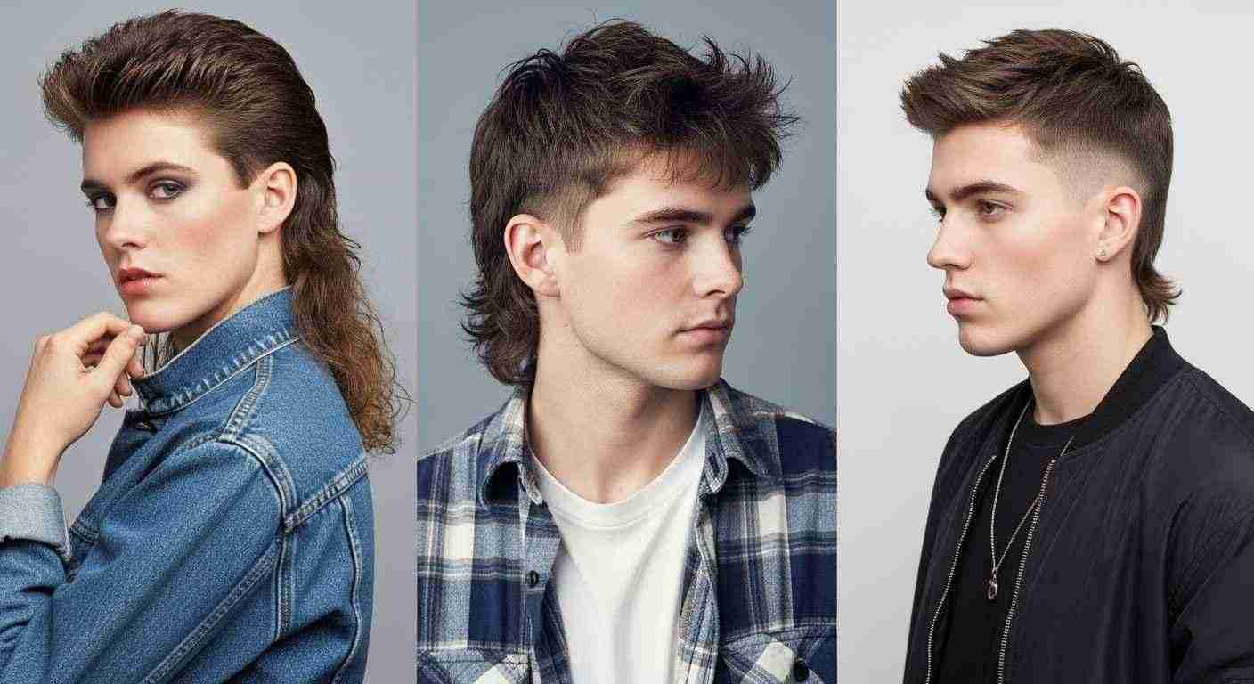 Mens Mullet Hairstyles That Never Go Out of Fashion 1 Three young men showcase different modern mullet hairstyles, highlighting the evolution of this iconic look.