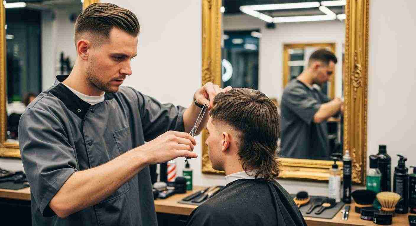 Mens Mullet Hairstyles That Never Go Out of Fashion 19 A man receives a haircut from a barber, showcasing tips from professional barbers in a salon setting.
